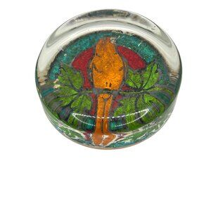 Vintage Glass Paperweight features Parrot on Foil Motif